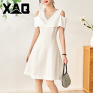 XAQ高端輕奢連衣裙女夏季時尚名媛氣質(zhì)小香風(fēng)鑲鉆露肩收腰顯瘦A字裙 白色 L