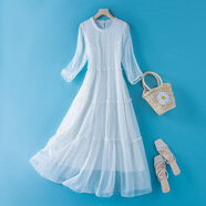 倩莎琪一件實(shí)體批發(fā)女裝真絲連衣裙夏季新款OL氣質(zhì)寬松波西米亞長(cháng)裙 白色 2XL