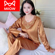貓人（MiiOW）冰絲綢睡衣女春秋季冰仿真絲薄長(cháng)袖兩件套裝睡衣家居服女士夏季 雙長(cháng)(古銅色) XL (110 125斤)