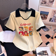 妃麗慕尚大碼女裝polo領(lǐng)短袖t恤女夏季200斤胖mm時(shí)尚刺繡寬松顯瘦遮肉上衣 573杏色 2XL 建議130-150斤
