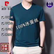 皮爾卡丹【5萬+已加購】男士短袖t恤桑蠶絲V領(lǐng)半袖夏季純色冰真絲體恤汗衫 V款領(lǐng)綠色 2XL 180建議160-180斤