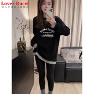 LOVER RUCCI2025新款德絨假兩件長袖t恤女中長款搭配鯊魚褲加厚打底衫秋冬季 黑色(字母劃船款 德絨款) XL (建議125-145斤)