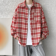 POUM千鳥格外套男春秋季新款青少年上衣日系翻領(lǐng)寬松休閑小香風(fēng)夾克衫 NJN-XXF016紅色 常規(guī) XL