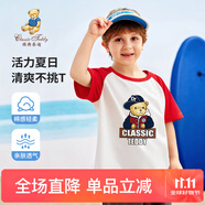Classic Teddy兒童短袖男童T恤女童上衣夏季新款童裝寶寶衣服半袖夏裝1 棒球帽子熊同色插肩紅色 130