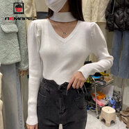 AEMAPE泡泡袖打底衫女裝掛脖毛衣女2025春秋冬季時(shí)尚針織衫女心機 白色 M _100-115斤