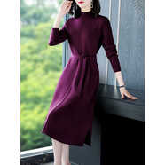 歌芭杉長袖針織連衣裙女2025年秋冬季新款女中長款優(yōu)雅收腰遮肚針織裙 紫色（綁帶款） M 建議90-105斤