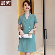 晨芙短袖職業(yè)西裝連衣裙女夏氣質(zhì)顯瘦收腰商務(wù)白領(lǐng)正裝珠寶店工作服裙 5101淺藍 XL 建議110-122斤