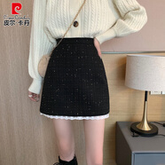 皮爾卡丹（pierre cardin）小香風(fēng)半身裙女秋冬季新款小個子高腰顯瘦蕾絲拼接毛呢包臀短裙子 黑色 自帶安全褲 M