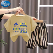 迪士尼（Disney）童裝男童夏裝短袖套裝2024洋氣女寶寶衣服潮兒童時(shí)髦帥氣兩件套 套裝[卡其色]本通卡通 80 建議身高[75左右]