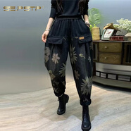 夏典素訂女王（SE.PSTP）2026春秋新款老爹哈倫褲時(shí)尚個(gè)性印花牛仔褲女寬松大碼顯瘦百搭 圖片黑色8628 M 建議95-105斤