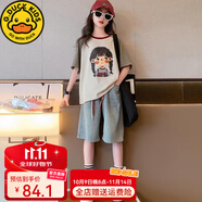 G.DUCKIDS童裝女童套裝夏裝2025新款中大童兒童洋氣短袖牛仔中褲兩件套 咸菜綠小女孩短袖+牛仔中褲 130 建議身高130以下
