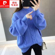 皮爾卡丹（pierre cardin）半高領毛衣女冬2025秋冬新款韓版燈籠袖打底慵懶風寬松加厚打底衫 藍色 M 80斤-105斤穿