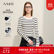 AMII女裝2025冬季百搭修身撞色條紋袖口字母提花套頭針織毛衣 白黑條 XL 170/92A