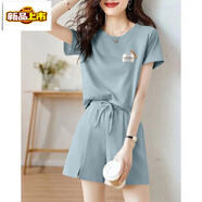 初徑閨蜜運動(dòng)套裝女夏季新款小香風(fēng)時(shí)尚減齡休閑T恤闊腿短褲兩件套 藍色套裝 L 建議105-120斤