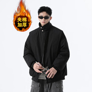 OEMG  美式咖色夾棉加厚皮衣外套男士秋冬季飛行夾克潮牌寬松棒球服 DY2486黑色 【棉服款】 XL [建議110-130斤]