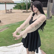 OMOM泳衣女連體裙式遮肚顯瘦舒適大碼休閑保守泡溫泉沙灘裙泳裝 黑色 XL(建議115-125斤) 