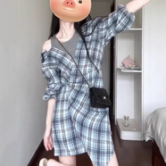 瑜尚臻品格子襯衫連衣裙早秋套裝背心假兩件拼接長袖韓系小個子穿搭短裙 【藍色】L（110-120）