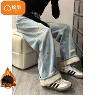 棉致臘腸狗刺繡加絨加厚直筒牛仔褲女秋冬季寬松顯瘦闊腿休閑褲子女 S749藍色【加絨高品質(zhì)】 L 110-120斤