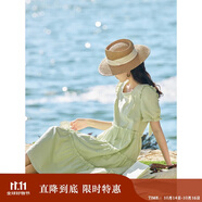 茵曼（INMAN）田園清新連衣裙夏季女氣質(zhì)A字泡泡袖蛋糕裙子 淡綠色 S 