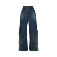 南波萬(wàn)南波萬(wàn)X森女部落牛仔褲女春秋2024新款直筒高腰寬松休閑闊腿褲 藍色 XL