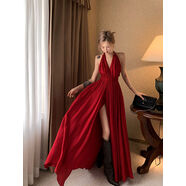 小紅書(shū)同款仙女系帶掛脖紅色連衣裙超仙海邊度假三亞沙灘裙深v露 酒紅色 L