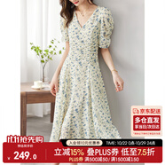 尚都比拉夏季法式碎花連衣裙泡泡袖茶歇裙氣質女神范裙子 杏底藍花 M 