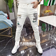 歌鵬白色牛仔褲男破洞牛仔褲男白色牛仔褲男士印花刺繡燙鉆歐洲站潮牌 1051# 29  101-110斤