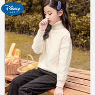 迪士尼兒童羊毛衫女童毛衣加絨大童女裝加厚高領(lǐng)針織衫內搭白色女孩打底 杏色 110