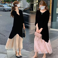 美安嘉大碼秋冬亮片網(wǎng)紗拼接絲絨連衣裙胖妹妹mm遮肚顯瘦氣質(zhì)魚(yú)尾長(cháng)裙子 杏拼黑色（促銷(xiāo)中） 2XL