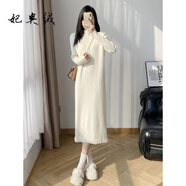 妃奧絨秋冬半高領(lǐng)中長(zhǎng)款寬松流蘇毛衣裙女配大衣過(guò)膝內(nèi)搭打底針織連衣裙 杏色 M
