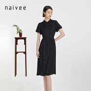 納薇（naivee）東方簡奢風(fēng)新中式斜門襟泡泡袖蝴蝶印花寬松X型優(yōu)雅短袖連衣裙 黑色 M 160/84A
