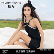 糖力【商場(chǎng)同款】掛脖小黑裙輕禮服女珍珠亮片點(diǎn)綴無袖露肩連衣裙 黑色 S