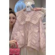 甜美毛衣拼接棉服外套女冬裝新款韓版學(xué)院風(fēng)娃娃領(lǐng)秋冬厚棉衣外套 粉色83號(hào)棉服 均碼