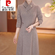 皮爾卡丹（pierre cardin）加絨加厚中式改良旗袍連衣裙女秋冬季大碼收腰顯瘦高端配大衣裙子 杏色【今年流行漂亮裙子/高端連 M 【80-100斤】