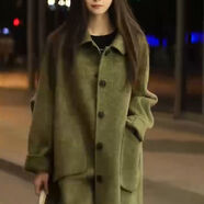 果跡  GURWJIYE清河大衣女款爆款新款寬松版雙面百分百純長款氣質(zhì)高品質(zhì) 春綠色 S