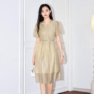 詩(shī)萌萊賽爾連衣裙女2024夏季法式圓領(lǐng)泡泡袖壓褶設(shè)計(jì)收腰顯瘦裙子 卡其 XL