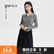 三福毛衣2024秋季側(cè)邊抽繩V字翻領(lǐng)毛針織衫上衣女裝490531 淺花灰 S