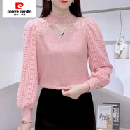 皮爾卡丹（pierre cardin）今年流行的加絨加厚蕾絲打底衫女洋氣顯瘦半高領(lǐng)氣質(zhì)拼接針織上衣 粉色 L 80-100斤