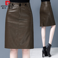 皮爾卡丹（pierre cardin）海寧真皮新款女皮裙半身裙綿羊皮中長(zhǎng)款過膝高腰裙顯瘦a字裙秋冬 815#咖色 30/2XL