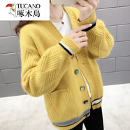 啄木鳥(niǎo)燈籠袖開(kāi)衫毛衣加厚女冬韓版寬松口袋針織衫毛線(xiàn)衣外套女春秋新款 彩扣黃色 2XL