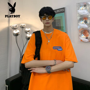 花花公子（PLAYBOY）純棉短袖t恤男裝夏季牌潮流重磅正肩2025新款寬松情侶上衣服國潮 橘色 純棉重磅 L 高質(zhì)+純棉+現貨立發(fā)115-135斤