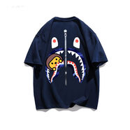 蘇愚夏重磅200克純棉短袖T恤女ins嘻哈鯊魚(yú)印花情侶寬松個(gè)性上衣男女 B512藏青 XL