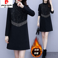 皮爾卡丹（pierre cardin）潮休閑衛(wèi)衣女加絨保暖冬裝新款寬松亮片流蘇連衣裙百搭中長款t恤 黑色加絨 【關(guān)注店鋪優(yōu)先發(fā)貨】 L 【建議95-110斤】