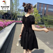 啄木鳥冰絲連衣裙女冰絲今年流行裙子夏季新款ins超仙學(xué)生小個子森系 黑色 L 110-125斤