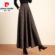 皮爾卡丹羊毛黑色毛呢半身裙女秋冬大擺顯瘦咖色長(cháng)裙韓版A字跳舞高腰傘裙 深咖暗格 S 合適體重88-95