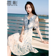 香影（xiangying）藍色碎花連衣裙女2025夏季新款小個(gè)子法式娃娃領(lǐng)雪紡仙女裙子 藍色 S