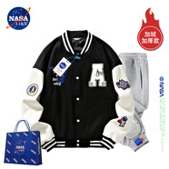 NASA LIKE官方外套春秋季毛巾繡棒球服男女美式字母飛行員夾克街頭潮流工裝 黑色+1535加厚灰色 加絨 XL （建議120-130斤）
