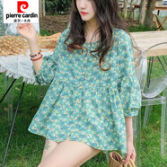 皮爾卡丹娃娃衫上衣夏季女韓版寬松襯衣甜美洋氣a字蓬蓬碎花小衫中袖襯衫 藍綠色 S 建議100斤以下