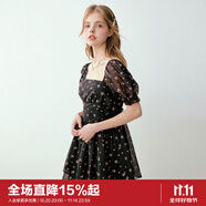 樂町方領綁帶蛋糕裙收腰綁帶小黑裙韓系碎花公主裙 黑色（現(xiàn)貨） XS