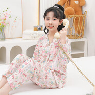 兒童棉綢睡衣夏季青少年大童女孩薄款綿綢女童長(cháng)袖空調家居服套裝 夢(mèng)幻公主 M碼（建議身高145-150cm）